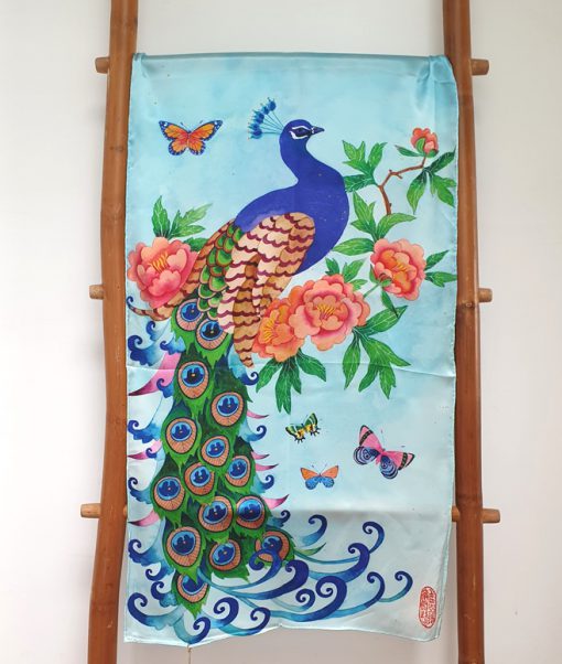 100% silk satin scarf. limited edition. Design from my original watercolour painting: art nouveau peacock