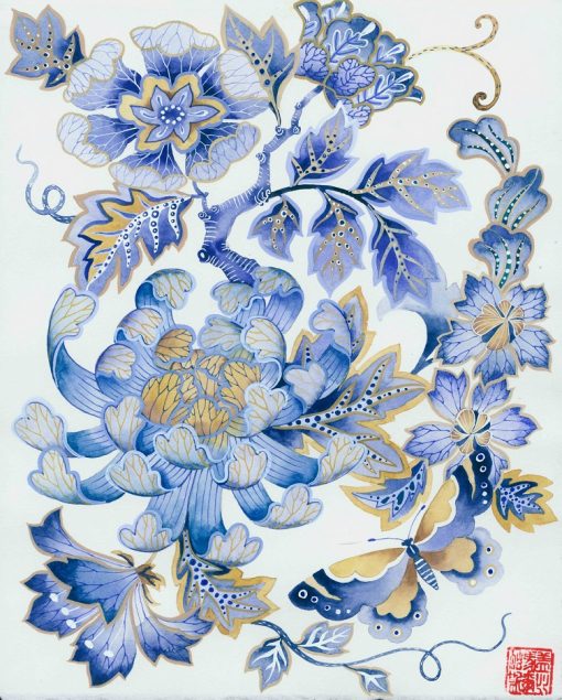 Blue and brown floral 2 Original watercolour painting on paper by Gabby malpas