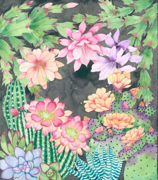 Cacti blossoms Original painting watercolour and gouache on paper