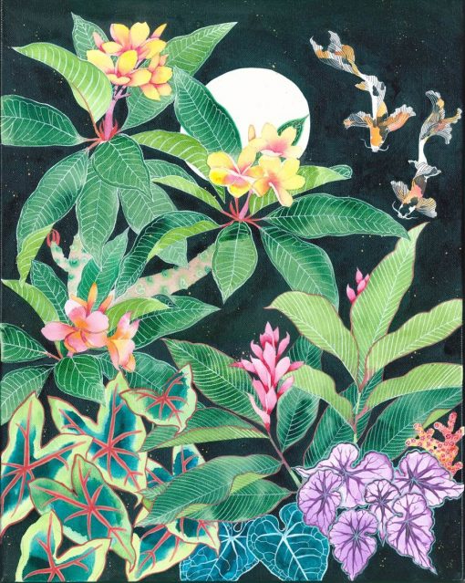 midnight in the balinese night garden mixed media on canvas by Gabby Malpas