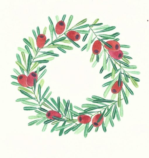 yew wreath watercolour and gouache on arches paper original painting by Gabby Malpas