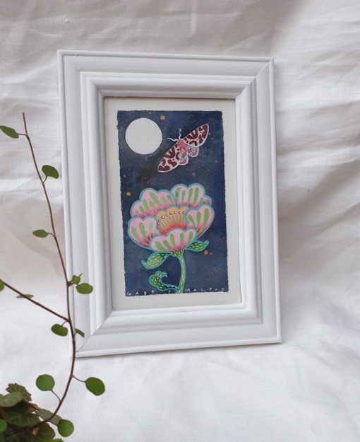 little moth Midnight floral watercolour and gouache painting by Gabby Malpas. Comes framed