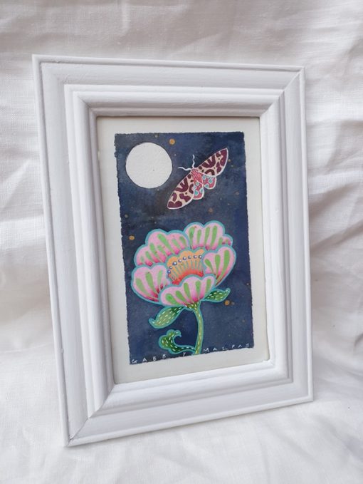 little moth Midnight floral watercolour and gouache painting by Gabby Malpas. Comes framed