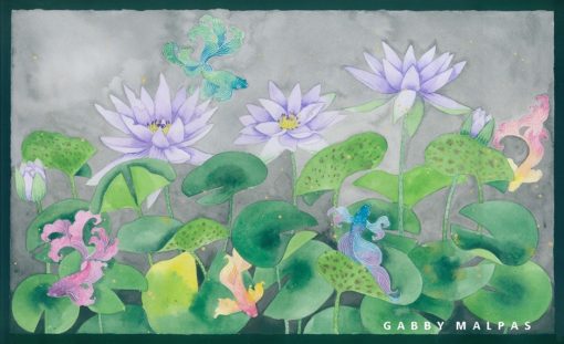 waterlilies and siamese fighting fish. Watercolour and gouache on Arches paper