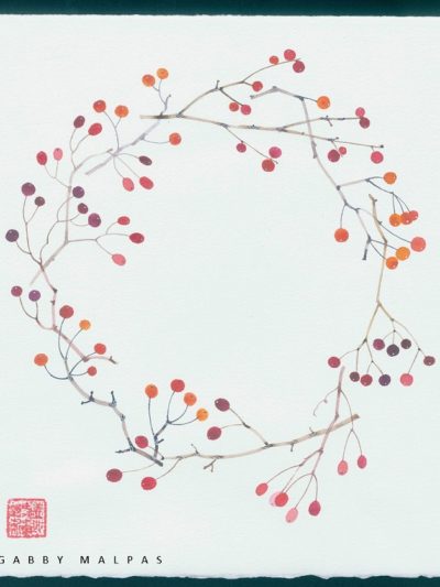 berry twig wreath watercolour and gouache on Arches paper