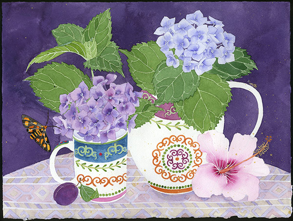 Hydrangeas in Maxwell & williams teawares watercolour and goauche on Arches paper
