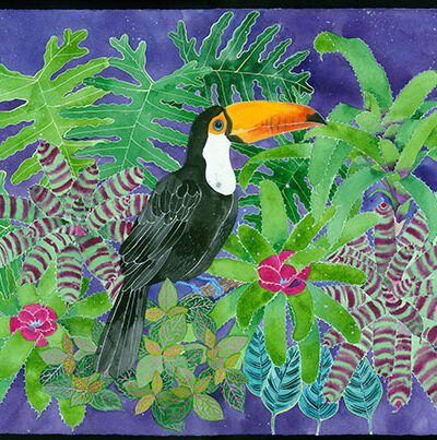 Onecan toucans a play on words inspired by Spike Milligan. Watercolour and gouache on Arches paper