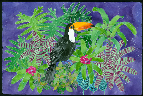 Onecan toucans a play on words inspired by Spike Milligan. Watercolour and gouache on Arches paper