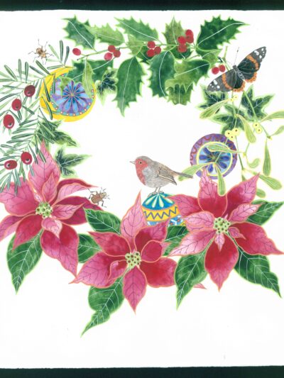 Baubles, poinsettias, robin and holly wreath. watercolour and gouache on arches paper by Gabby Malpas. A festive wreath painting