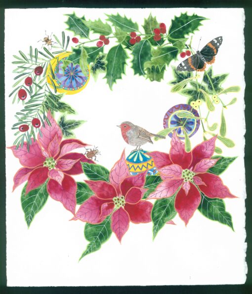 Baubles, poinsettias, robin and holly wreath. watercolour and gouache on arches paper by Gabby Malpas. A festive wreath painting