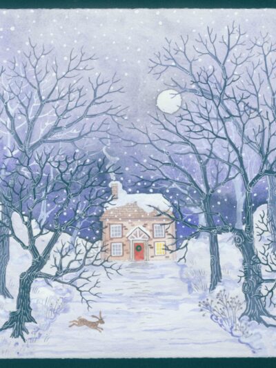 Christmas in the Cotswolds. watercolour and gouache on arches paper. A Christmas landscape scene by Gabby Malpas