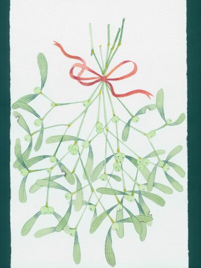 mistletoe. watercolour and gouache on arches paper by Gabby Malpas. A festive wreath painting