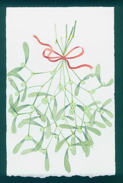mistletoe. watercolour and gouache on arches paper by Gabby Malpas. A festive wreath painting