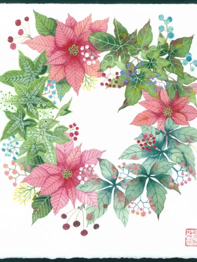 Poinsettia and leaf wreath. watercolour and gouache on arches paper by Gabby Malpas. A festive wreath painting