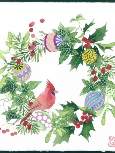 Bauble and leaf wreath. watercolour and gouache on arches paper by Gabby Malpas. A festive wreath painting