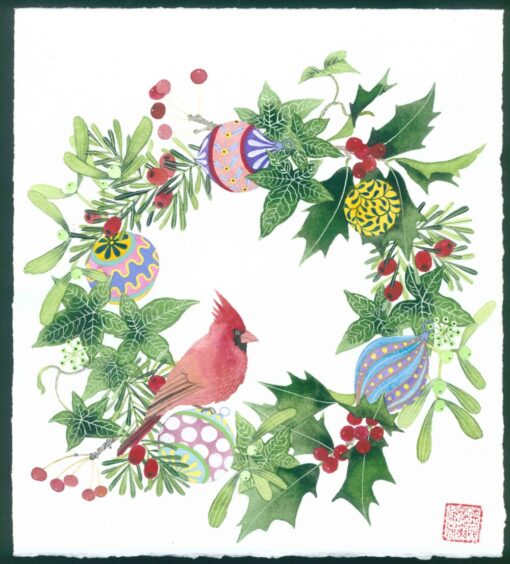 Bauble and leaf wreath. watercolour and gouache on arches paper by Gabby Malpas. A festive wreath painting