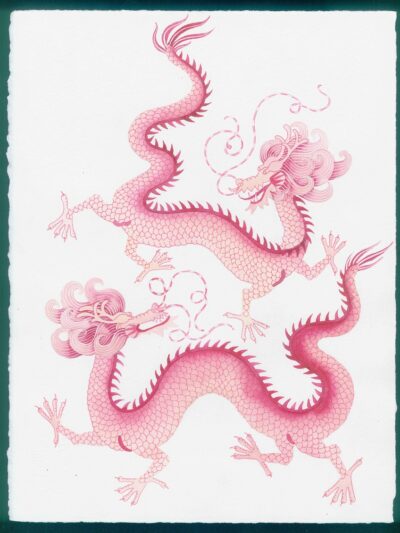red chinese dragons in watercolour and gouache on Arches paper. An original painting by Gabby Malpas