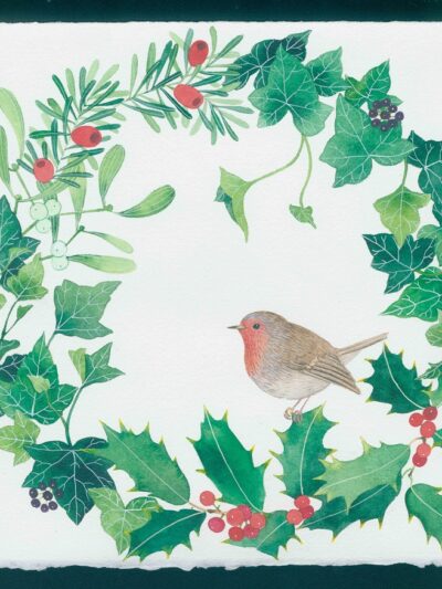 Evergreen wreath with robin. watercolour and gouache on Arches paper by Gabby Malpas