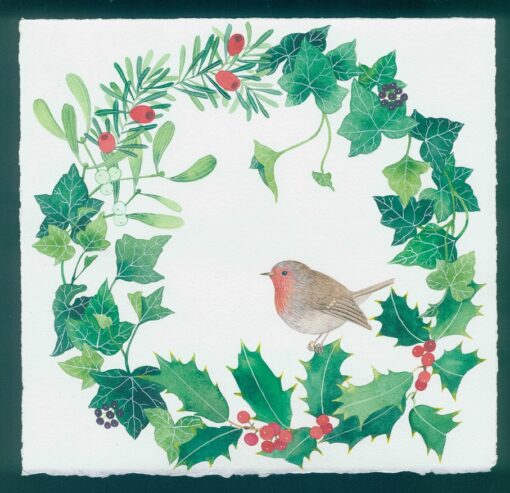 Evergreen wreath with robin. watercolour and gouache on Arches paper by Gabby Malpas