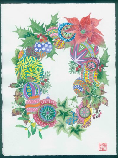 Baubles, poinsettias and leaf wreath. watercolour and gouache on arches paper by Gabby Malpas. A festive wreath painting