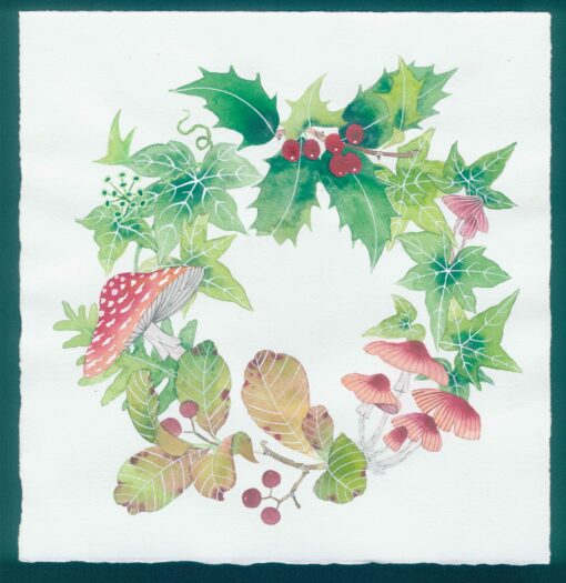 Mushroom and leafy wreath an original watercolour painting by Gabby Malpas