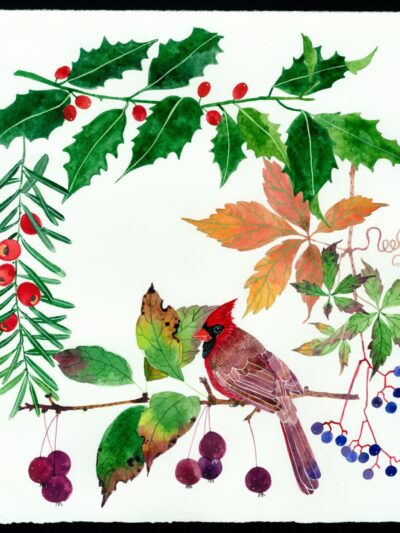 Wreath with red cardinal. Christmas wreath in watercolour and goauche by Gabby Malpas