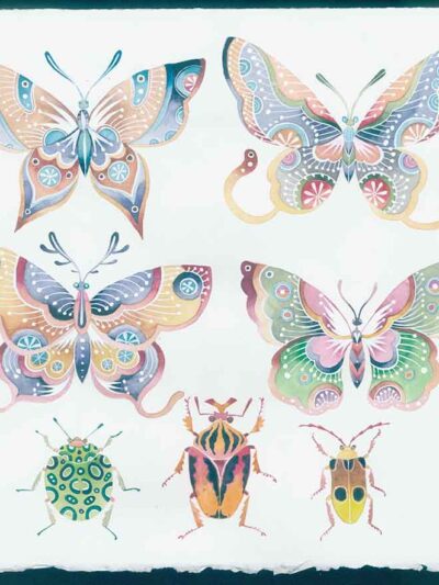 batik butterflies and beetles. Watercolour and gouache on arches paper