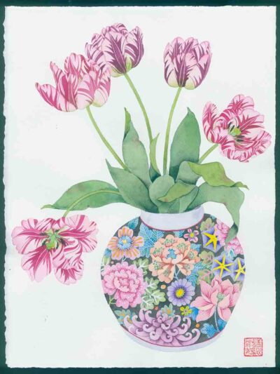 Split tulips in a millefleurs vase. Watercolour and gouache on arches paper