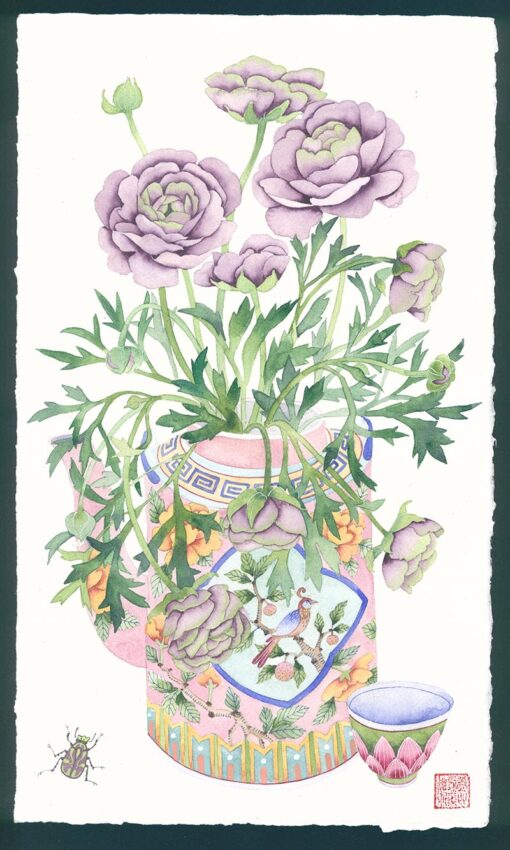 ranunculus in a teapot. Watercolour and gouache on arches paper