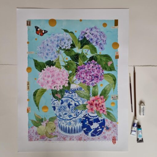 Enhanced archival print. A one off, painted and collaghed archival print that forms an orginal artwork over a print. hydrangeas still life Chinoiserie