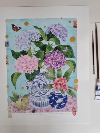 Enhanced archival print. A one off, painted and collaghed archival print that forms an orginal artwork over a print. hydrangeas still life