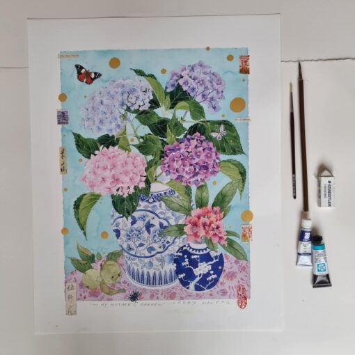 Enhanced archival print. A one off, painted and collaghed archival print that forms an orginal artwork over a print. hydrangeas still life