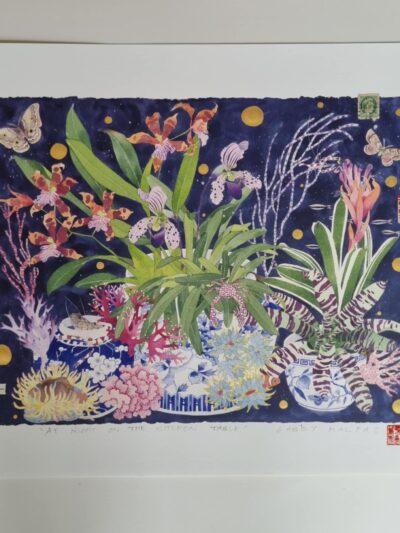 Enhanced archival print. A one off, painted and collaghed archival print that forms an orginal artwork over a print. At night on the kitchen table - a seascape still life