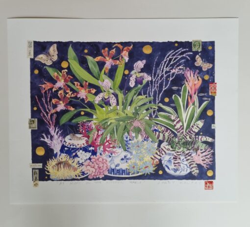 Enhanced archival print. A one off, painted and collaghed archival print that forms an orginal artwork over a print. At night on the kitchen table - a seascape still life