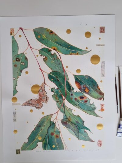 Enhanced archival print. A one off, painted and collaghed archival print that forms an orginal artwork over a print. Eucalypt with gum emperor moth. Chinoiserie