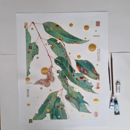 Enhanced archival print. A one off, painted and collaghed archival print that forms an orginal artwork over a print. Eucalypt with gum emperor moth. Chinoiserie