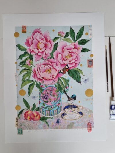 Enhanced archival print. A one off, painted and collaghed archival print that forms an orginal artwork over a print. Why can't I be you? Peonies and fairy wren