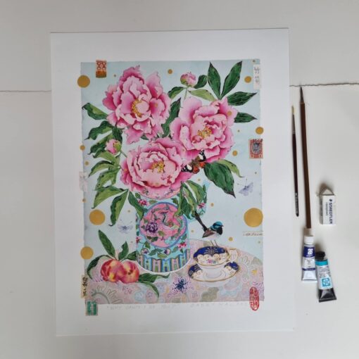 Enhanced archival print. A one off, painted and collaghed archival print that forms an orginal artwork over a print. Why can't I be you? Peonies and fairy wren