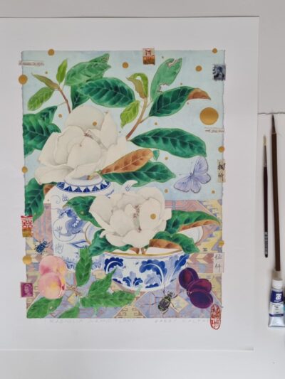 Enhanced archival print. A one off, painted and collaghed archival print that forms an orginal artwork over a print. Magnolia grandiflora