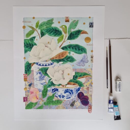 Enhanced archival print. A one off, painted and collaghed archival print that forms an orginal artwork over a print. Magnolia grandiflora