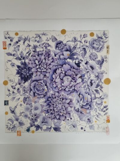 Enhanced archival print. A one off, painted and collaghed archival print that forms an orginal artwork over a print. Blue floral. Chinoiserie