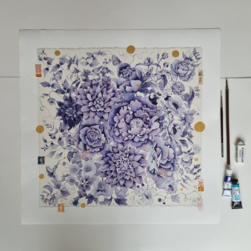 Enhanced archival print. A one off, painted and collaghed archival print that forms an orginal artwork over a print. Blue floral. Chinoiserie