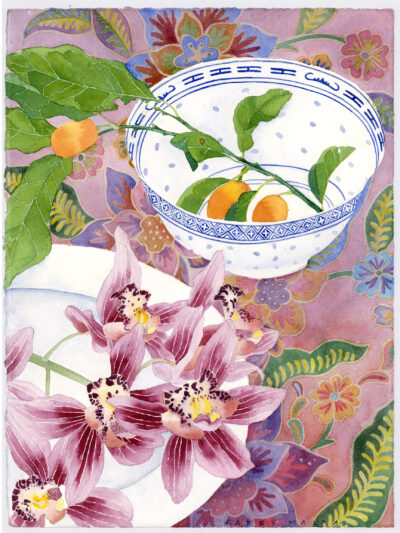 A4 art print of kumquats and orchids on a batik sarong edition of 5