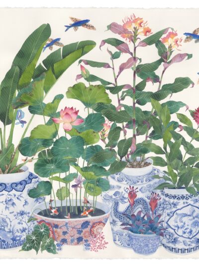 the painted garden - flying fish in and around blue and whitye porcelain pots available as a limited edition print