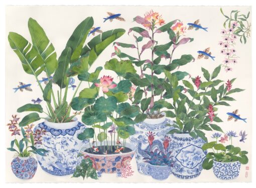 the painted garden - flying fish in and around blue and whitye porcelain pots available as a limited edition print