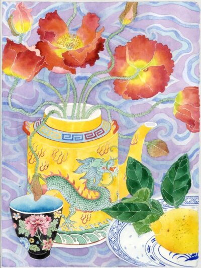 Poppies in a yellow teapot archival print on paper Chinoiserie