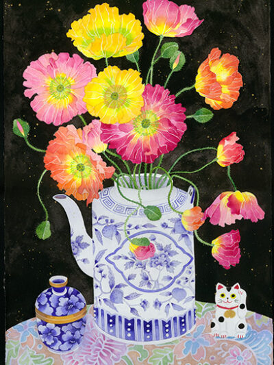 Poppies on a black background Archival paper print Chinoiserie Maneki Neko