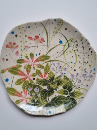Sarah's garden platter Cobalt oxide and coloured underglazes on midfire white clay Slab form platter. midfire. Clear glaze. Gold Lustre