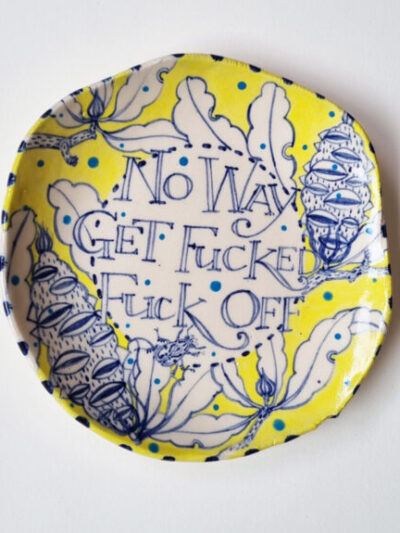 homage to the Angels Platter Coloured underglazes on midfire white clay. Slab form. Clear glaze. Has attached hanging device