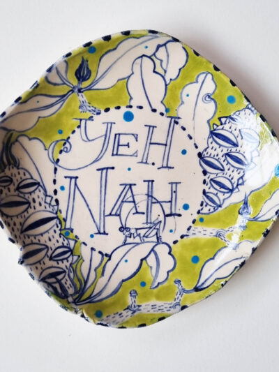 Cobalt oxide and coloured underglazes on midfire white clay Slab form platter. midfire. Clear glaze